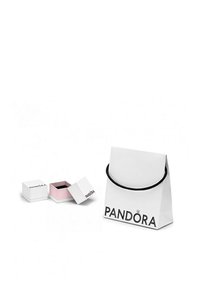 Busta di carta bianca con manico nero e logo "PANDORA". Due piccole scatole, una bianca con lettering nero e una rosa all'interno.