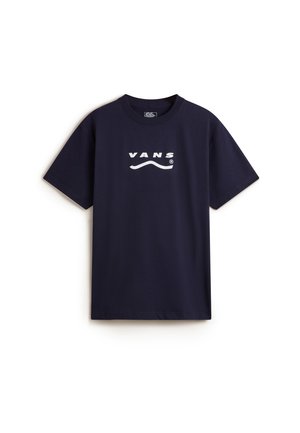 Marineblauw katoenen t-shirt met korte mouwen, met een witte Vans-logo en een golfafbeelding op de voorkant. Klassiek ronde hals ontwerp.