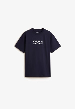 T-shirt in cotone blu navy con maniche corte, caratterizzato da un logo Vans bianco e una grafica di onda sul davanti. Design classico con colletto a girocollo.
