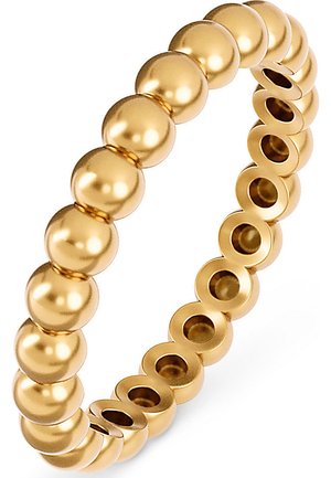 Goldfarbene Perlenring mit runden, glatten Perlen und hohlen, kreisförmigen Akzenten. Gleichmäßig verteilt, mit einer polierten Oberfläche.