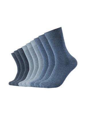 Nine pairs of plain crew-length socks in shades of blue, arranged in a gradient from dark to light, displayed on a white background.