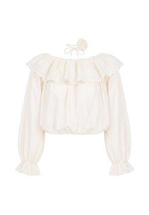 Blouse écrue à manches longues avec encolure et poignets à volants en broderie anglaise, associée à un serre-tête assorti en tissu fleuri avec lien à nouer.
