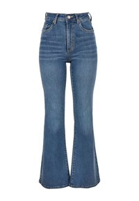 Flared high-waisted jeans in medium blue denim. Features classic five-pocket styling, zip fly, and subtle fading along the legs. Smooth texture.