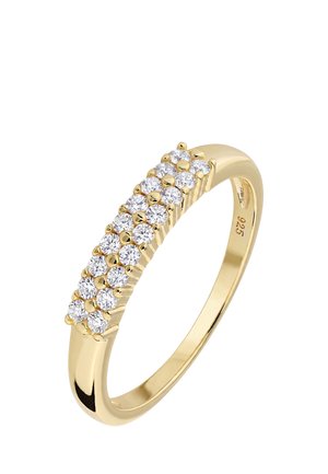 Goldener Ring mit zwei Reihen kleiner runder klarer Edelsteine, die auf der oberen Hälfte des Rings gefasst sind, mit 925 auf der Innenseite des Rings gestempelt.