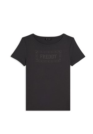 T-shirt nera a maniche corte con scollatura rotonda e logo rettangolare "FREDDY" embellito con strass sul davanti.