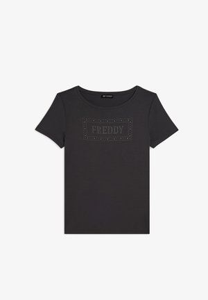 T-shirt nera a maniche corte con scollatura rotonda e logo rettangolare "FREDDY" embellito con strass sul davanti.