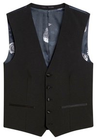 Czarna żakardowa kamizelka z czterema guzikami, dwoma kieszeniami z przodu oraz floralnym wykończeniem wewnętrznym w ciemnych odcieniach.