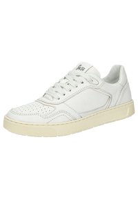 Weiße Leder-Sneaker mit perforierter Zehenpartie, runden Schnürsenkeln und hellbeigem Gummisohle. Verfügt über dezente Nähte und eine glatte, strukturierten Oberfläche.