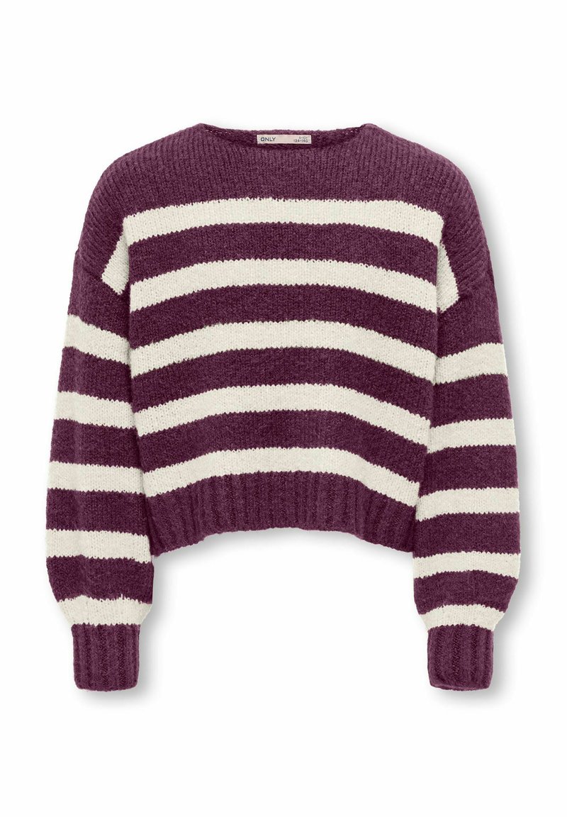 Maglione cropped a righe viola e bianche con bordo a coste e texture morbida, caratterizzato da maniche lunghe e scollatura ampia.