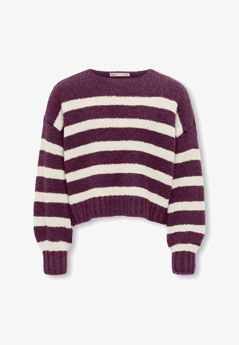 Violets un baltas svītrainas apgrieztas džemperis ar ribotu apakšu un mīkstu tekstūru, ar garām piedurknēm un platu apkakli.