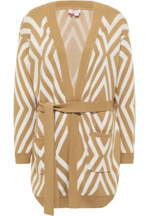 Béžový kardigan s bílým geometrickým zigzag vzorem, s otevřeným předním dílem, dlouhými rukávy, páskem v pase a dvěma předními kapsami. Pletená textura.