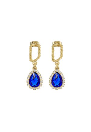 Boucles d'oreilles pendantes couleur or avec des anneaux rectangulaires texturés et des pierres bleu profond en forme de goutte entourées de petits cristaux clairs.