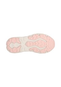 Zool van een sportschoen met een roze en witte loopvlakpatroon, ontworpen voor grip en flexibiliteit, plat weergegeven op een witte achtergrond.