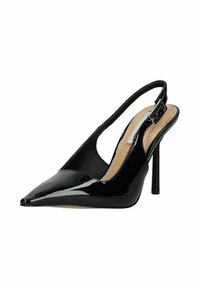 Zapatos de tacón alto de charol negro con tiras al tobillo, punta afilada, diseño con cortes y tacón stiletto delgado. La plantilla es de un beige claro.