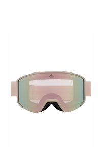 Skidglasögon med rosa-tonad, spegellins, en beige ram och svart skuminteriör, utrustade med ett brett elastiskt band.