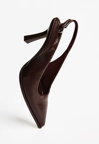 Brown leather slingback high heel shoe with pointed toe, smooth texture, and adjustable strap detail. Stiletto heel design.