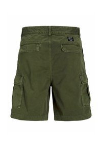 Pantalones cortos cargo verdes hechos de algodón, con bolsillos laterales y traseros, un corte recto y una textura sólida. Etiqueta de tamaño visible.