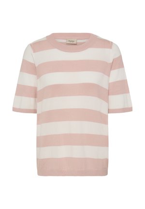 Stribet kortærmet sweater i lyserød og hvid, med rund halsudskæring og blødt, tekstureret stof.