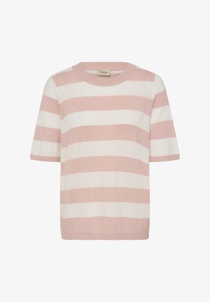 Heledate ja valgete triipudega lühikeste varrukatega kampsun, millel on ümmargune kaelus ja pehme, tekstuuriga kangas.