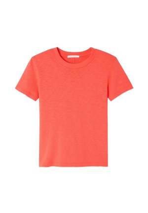 Short-sleeve t-shirt in bright coral, featuring a round neckline, soft texture, and a lightweight fabric with a slight heathered pattern.