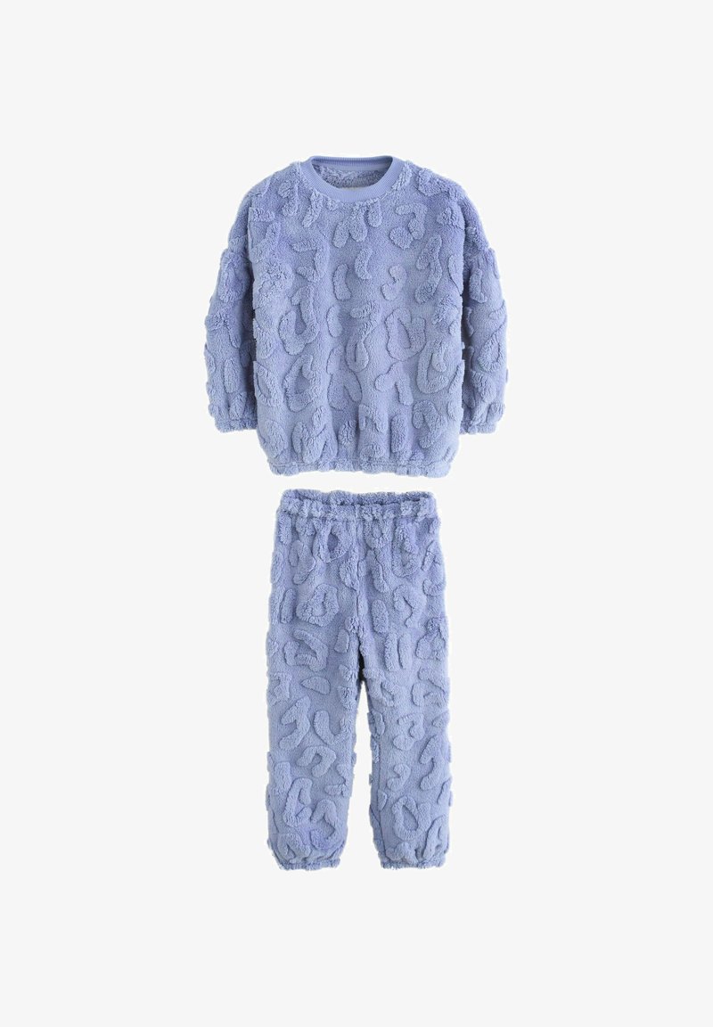 Ensemble de vêtements d'intérieur en polaire douce bleue en deux pièces avec texture abstraite en relief, composé d'un haut à manches longues et d'un pantalon à taille élastique.