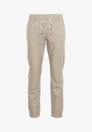 Beige lette bukser med elastisk liv, snor og smale ben som ender i elastiske mansjetter. Enkelt, glatt tekstur.