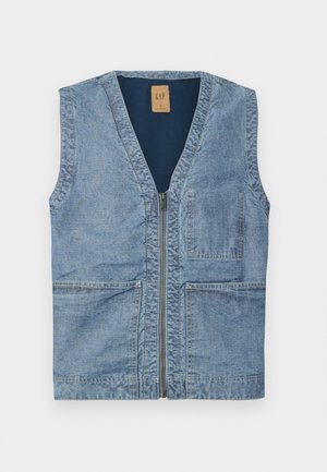 Denim vest in light blue with a v-neck, front zipper, and two large front pockets. Simple design and textured fabric.