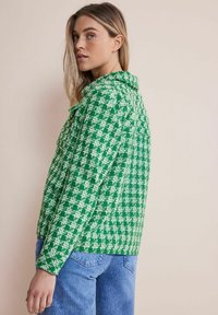 Grön och vit rutigt jacka med krage, sidofickor och knappstängning, i kombination med ljusblå jeans, visad från sidan.