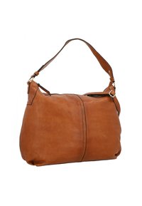 Borsa a spalla in pelle marrone chiaro con forma curvata, dotata di chiusura con zip superiore e tracolla regolabile. Texture liscia con dettagli di cuciture sottili.