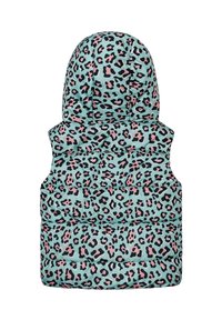 Padded prsluk s kapuljačom, s osnovom u mint zelenoj boji te ružičastim i crnim leopard uzorkom. Mekana, quilted tekstura s bočnim otvaranjem.