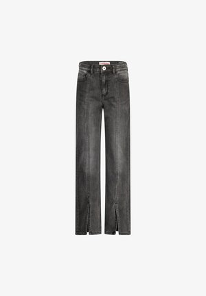 Jean en denim noir à jambes larges avec fentes à l'avant, présentant des coutures blanches contrastantes et une fermeture à bouton. Pas de poches arrière.