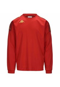 Rode langarmshirt van een gladde stof. Voorzien van gouden logo-accenten op de schouders. Geribbelde boorden en halslijn.