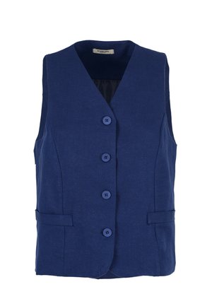Gilet senza maniche blu navy con scollo a V, quattro bottoni sul davanti e due tasche orizzontali ai lati.