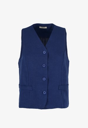 Gilet senza maniche blu navy con scollo a V, quattro bottoni sul davanti e due tasche orizzontali ai lati.