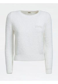 Pull blanc en matière douce et duveteuse, doté de manches longues et d'un col rond. Logo "GUESS" en strass sur le devant.