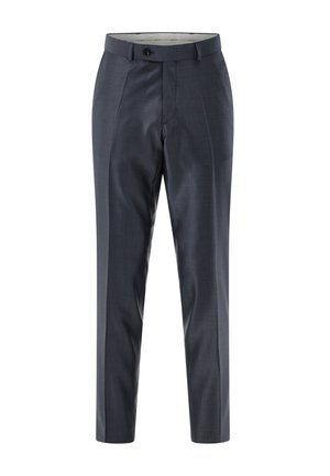 Navy blue formal trousers with front crease, buttoned waistband, and tailored slim fit.