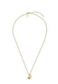 Goldkettchen mit einem herzförmigen Anhänger und einem kleinen klaren Edelsteindetail. Strukturiertes Kettenglied und Verschlussdetails sind enthalten.
