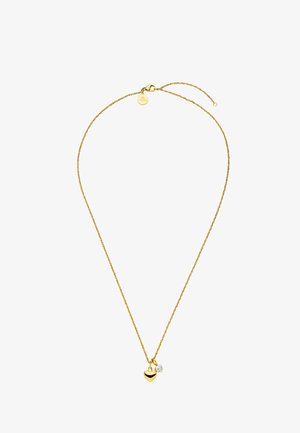 Gold chain necklace featuring a heart-shaped pendant and a small clear gemstone accent. Textured chain links and clasp detail included.
