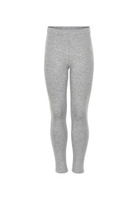 Schlichte graue enganliegende Leggings mit hohem Bund, aus weichem, elastischem Stoff, von vorne auf weißem Hintergrund gezeigt.