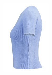 Light blue knitted short-sleeve top with a fitted design, ribbed texture, and a straight hem, showcasing a seamless construction.