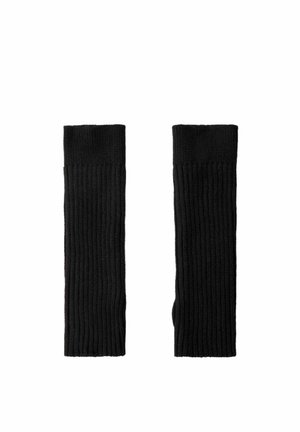 Zwarte geribbelde gebreide vingerloze handschoenen met een rechte, verlengde vorm, een zachte textuur en een snug fit rond de polsen.