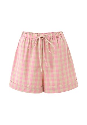 Rosa-beige karierte Shorts mit elastichem Bund und vorderem Kordelzug, mit umgeschlagenen Säumen.