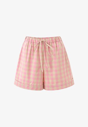 Rosa-beige karierte Shorts mit elastichem Bund und vorderem Kordelzug, mit umgeschlagenen Säumen.