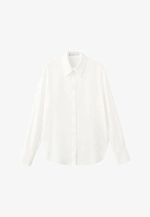 Camicia bianca a maniche lunghe con bottoni, colletto a punta e polsini, mostrata su uno sfondo bianco.