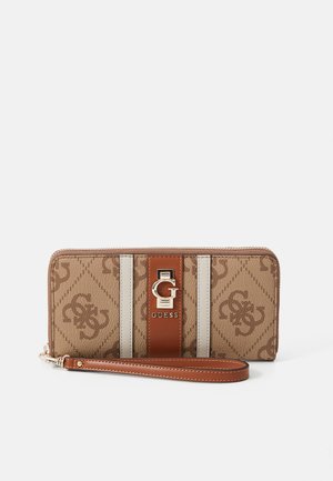 Brown wallet with a logo pattern, leather accents, silver hardware, and a detachable strap. Features a central logo plaque and contrasting stripes.