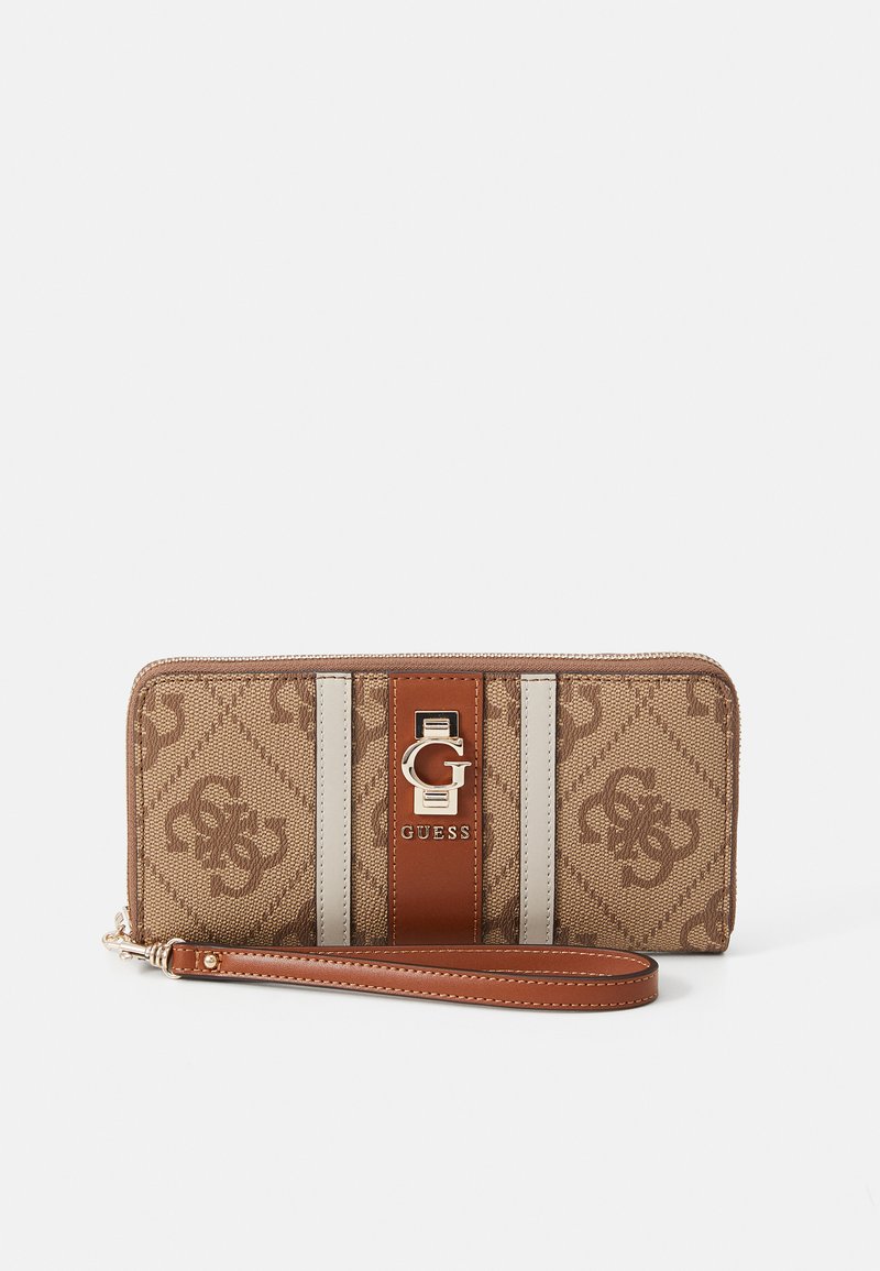 Brown wallet with a logo pattern, leather accents, silver hardware, and a detachable strap. Features a central logo plaque and contrasting stripes.