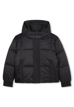 Veste d'hiver matelassée noire avec col montant, fermeture éclair recouverte d'un rabat, deux poches avant et poignets côtelés.