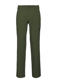 Dark green outdoor pants with a regular fit, featuring a front button closure, belt loops, and a subtle logo on the left thigh.