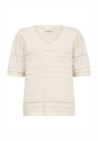 T-shirt z dekoltem w serek, krótki rękaw, w kolorze kremowym z teksturowanymi poziomymi paskami i ażurowymi detalami na klatce piersiowej i rękawach.