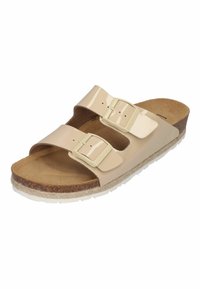 Beige patent leather slide sandal with two adjustable straps, cork footbed, textured sole, and white rubber outsole.